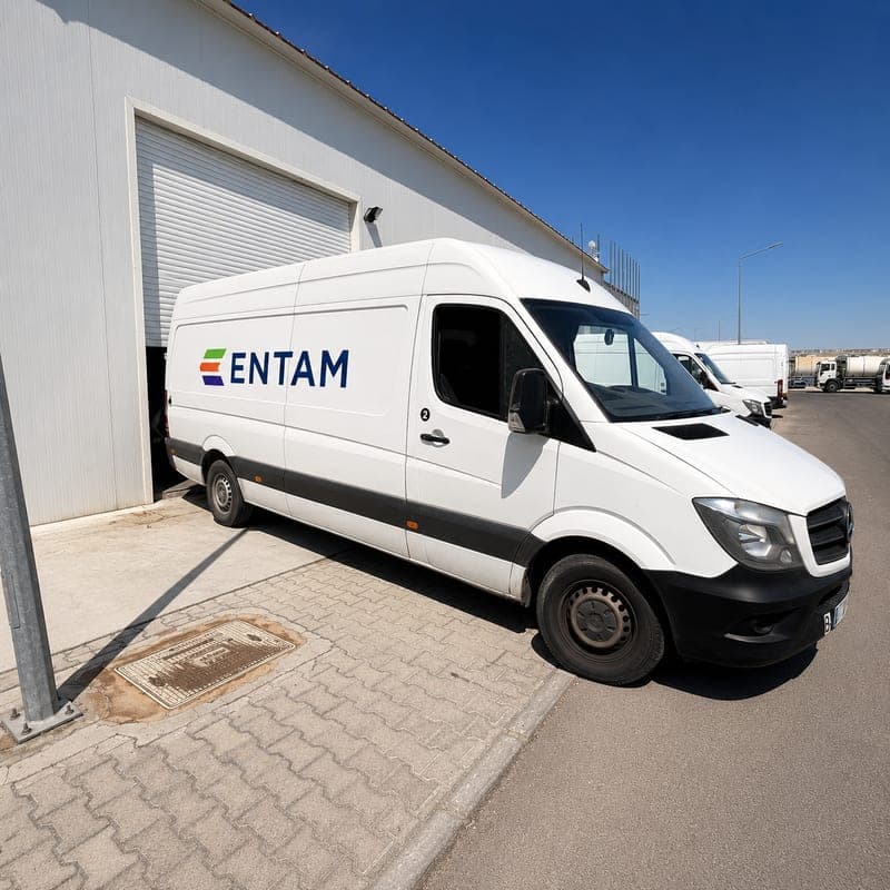 Yükleme kapısında bekleyen ENTAM logolu dağıtım aracı