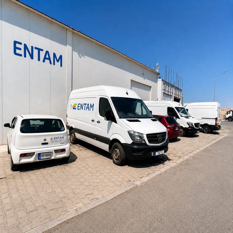 ENTAM Merkez Depo önünde ENTAM logolu araçlar