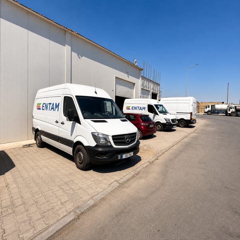 Depo önünde sıralanmış ENTAM logolu dağıtım araçları