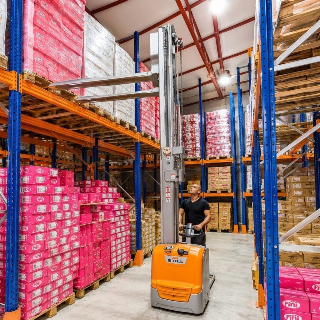ENTAM Merkez Depo'da istif makinesi kullanan ENTAM çalışanı